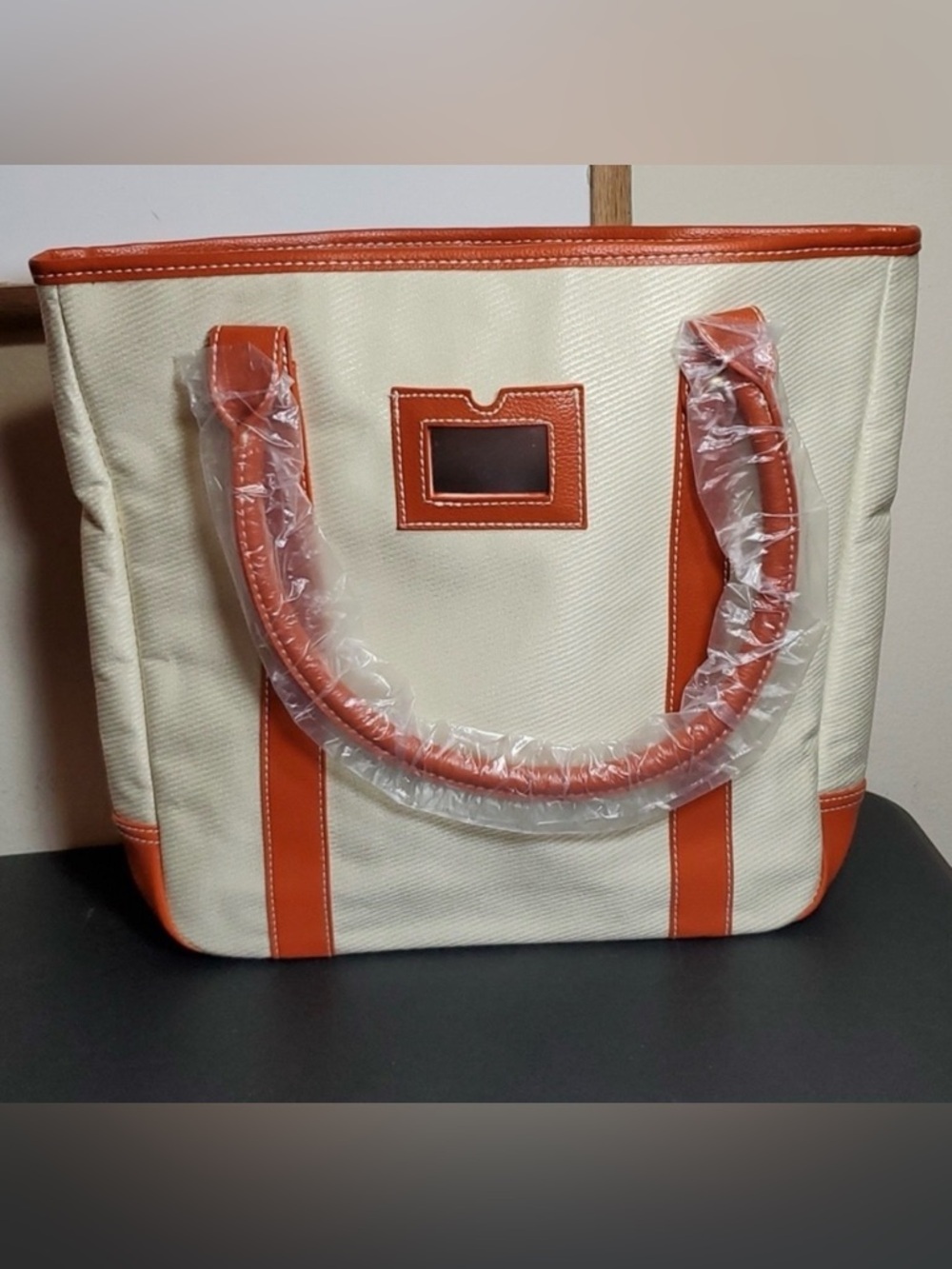 Estee Lauder Orange Leather Trim Cream Shoulder Bag Tote Purse with Pouch
